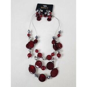 New MIXIT JCP Red Shell Faceted Gray Bead Silver Tone Layered Necklace FREE $HIP